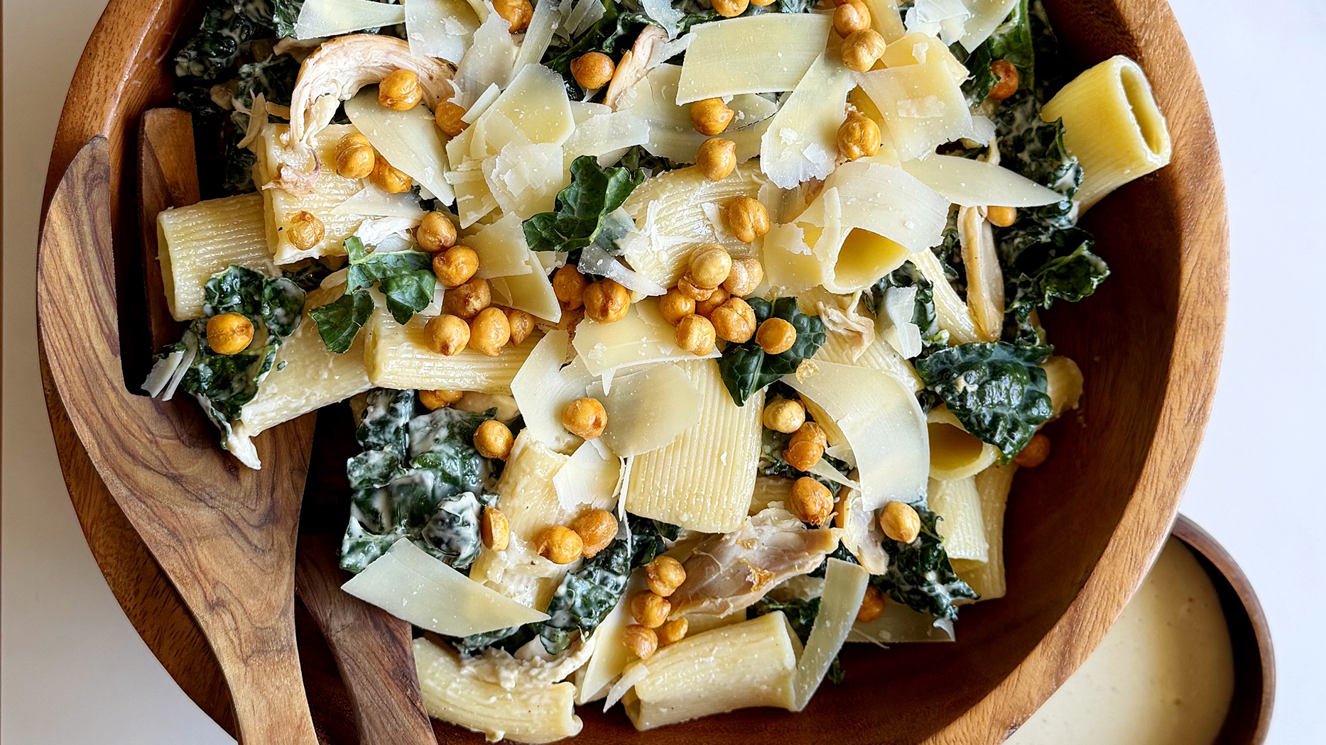 kale caesar & chicken pasta salad