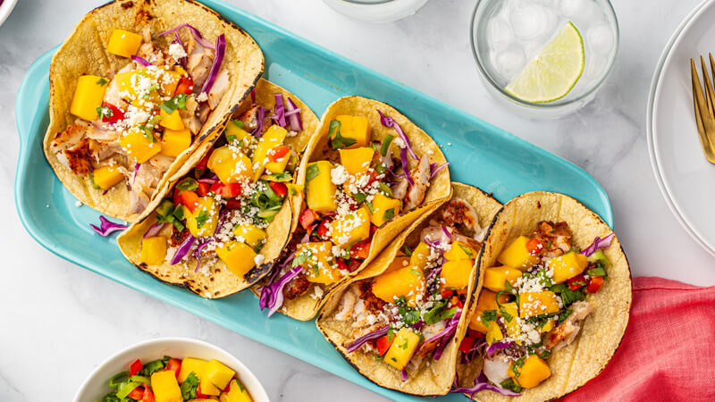 baja fish tacos with mango salsa