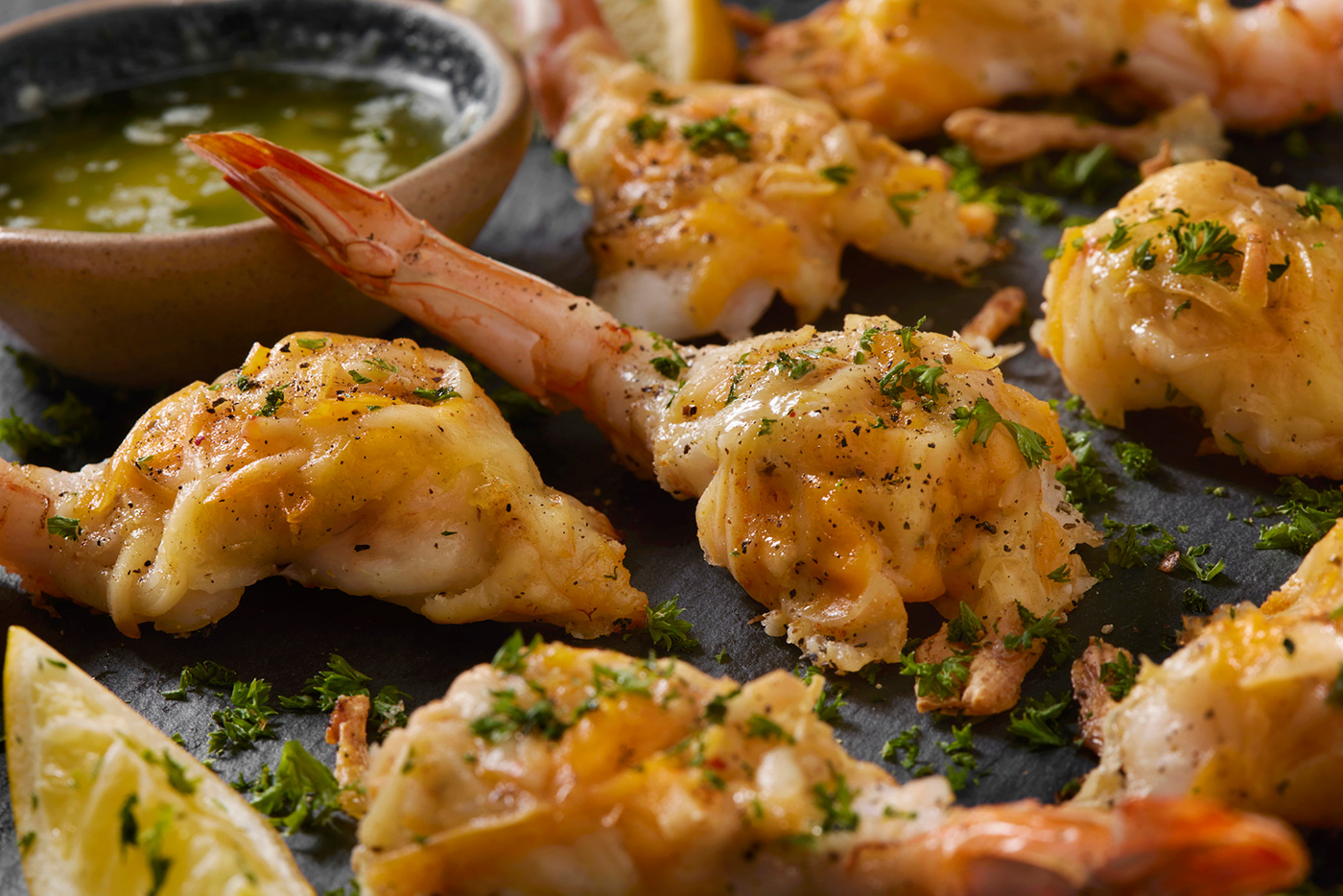 cheesy butterflied garlic shrimp