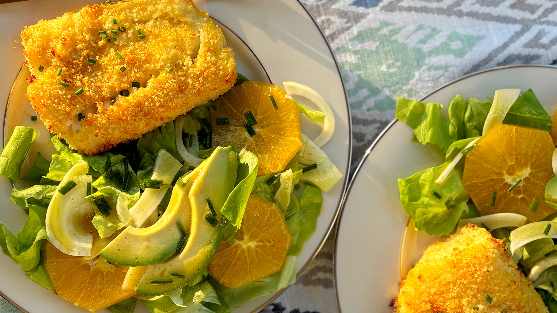 crispy orange cod with fennel, avocado, & citrus salad